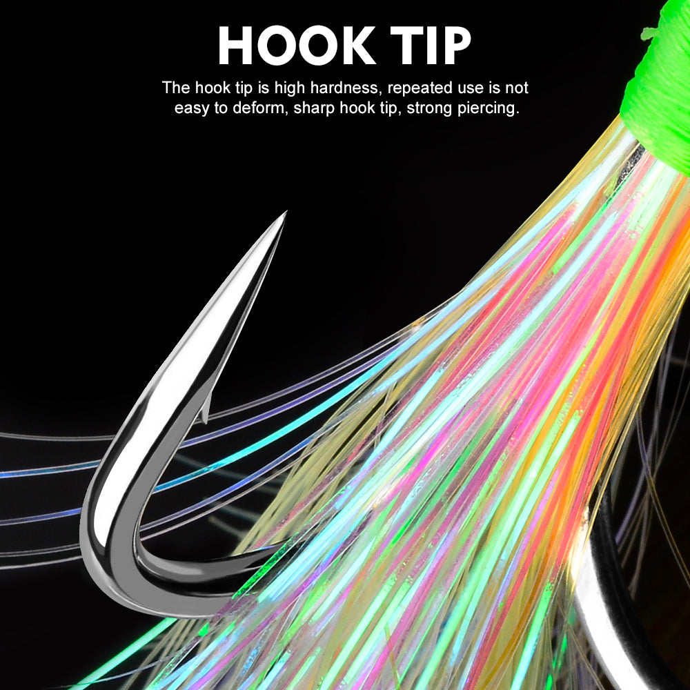 Sharp barbed point and high carbon steel construction of PROBEROS feathered treble hook tip