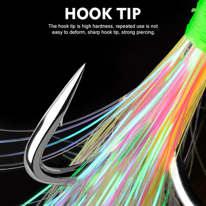 Sharp barbed point and high carbon steel construction of PROBEROS feathered treble hook tip