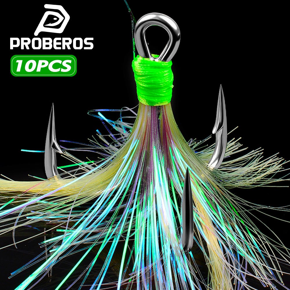PROBEROS SZ126 feathered treble hooks 10pcs per box in high carbon steel for lures