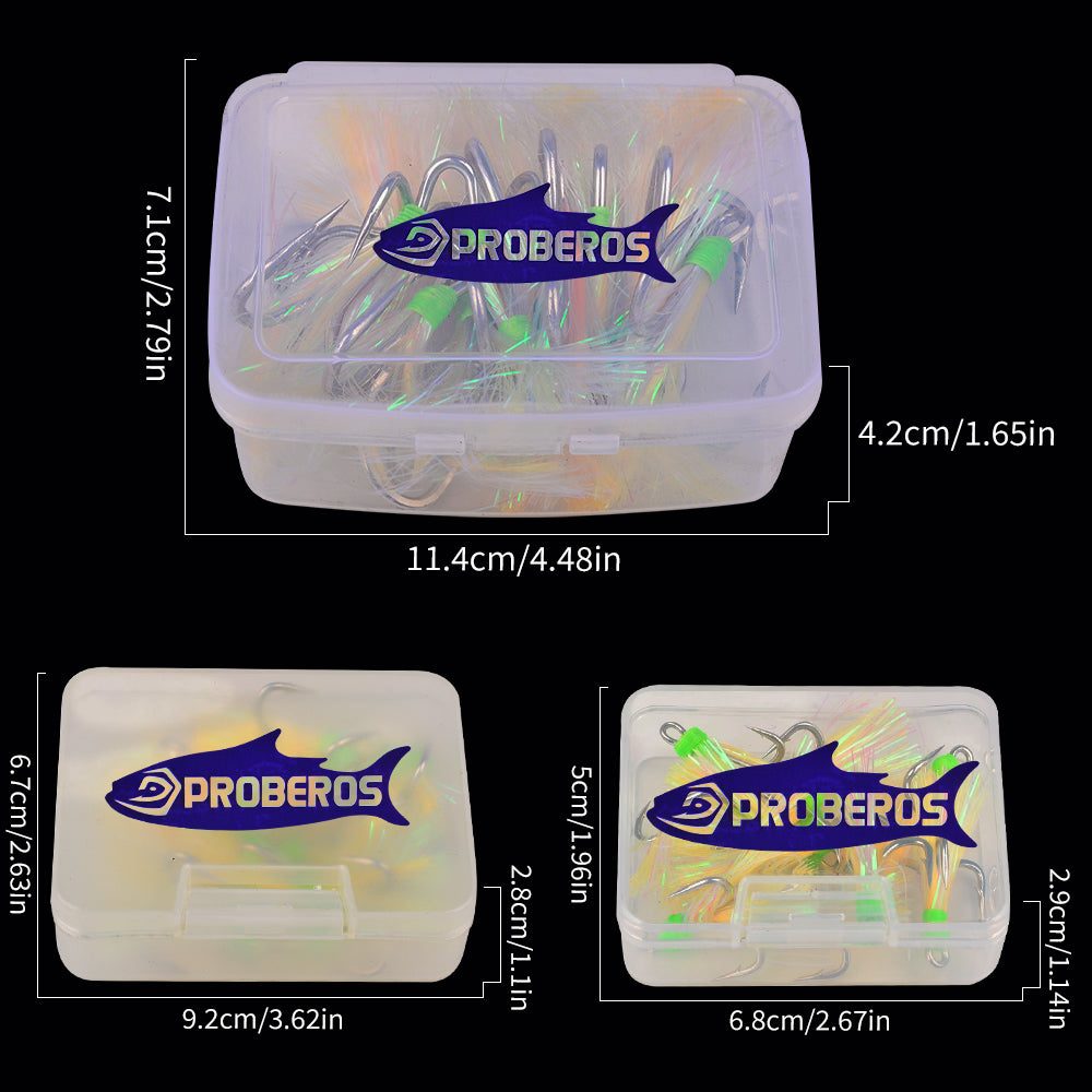 10PCS PROBEROS feathered treble hooks packaged in a durable plastic tackle box