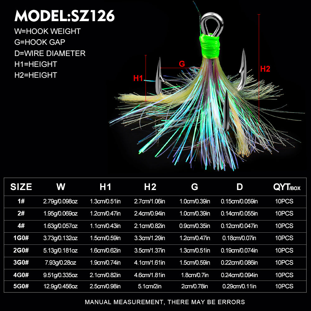PROBEROS SZ126 feathered treble hooks size chart from size 4 to 5/0 with dimensions and weight