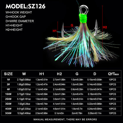 PROBEROS SZ126 feathered treble hooks size chart from size 4 to 5/0 with dimensions and weight