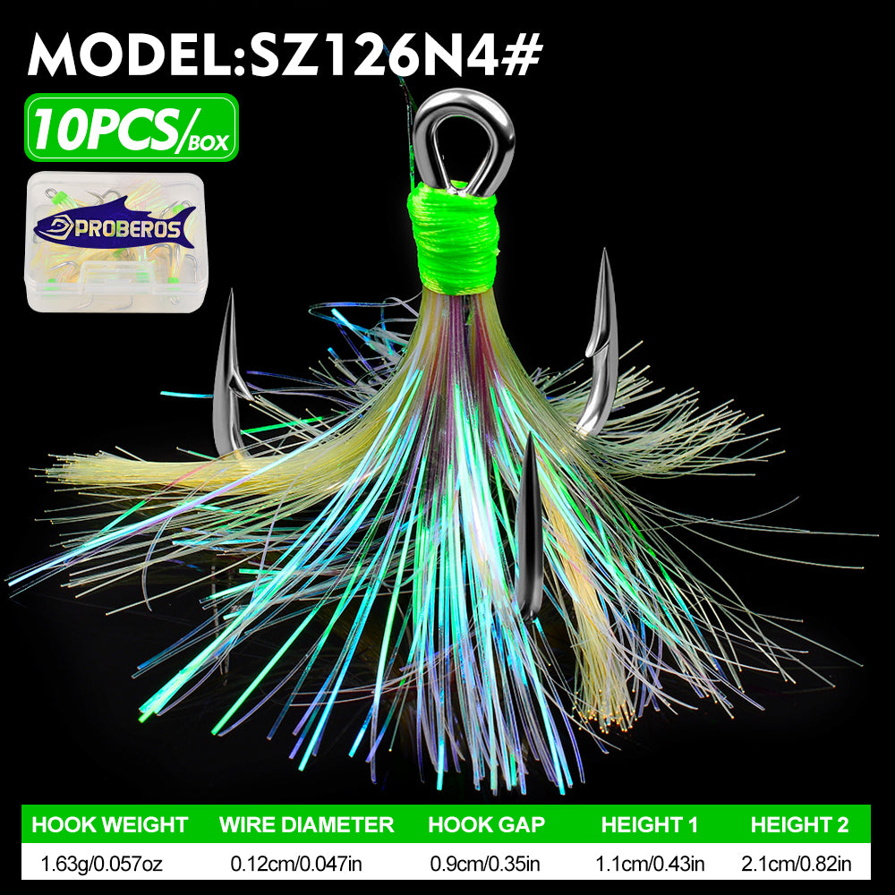 PROBEROS SZ126 feathered treble hooks 10pcs per box in high carbon steel for lures