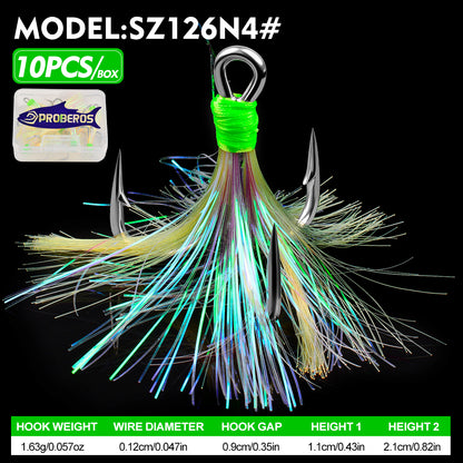 PROBEROS SZ126 feathered treble hooks 10pcs per box in high carbon steel for lures