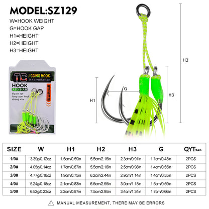 Detailed size specifications and dimensions chart for Proberos SZ129 jigging assist hook.