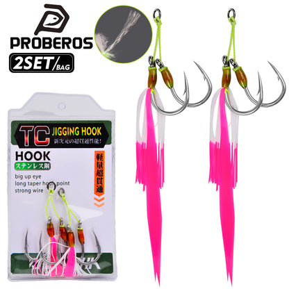 Proberos SZ130 stainless steel jigging assist hooks with colorful luminous flash skirts, 2 pieces per pack.