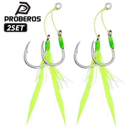 Proberos SZ131 high carbon steel jigging assist hooks with bright luminous flash skirts, 2 pieces per pack.