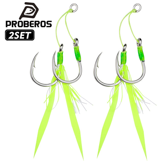 Proberos SZ131 high carbon steel jigging assist hooks with bright luminous flash skirts, 2 pieces per pack.