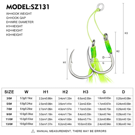 Detailed weight and size dimension chart for Proberos SZ131 high carbon steel tied assist hooks from size 3/0 to 13/0.