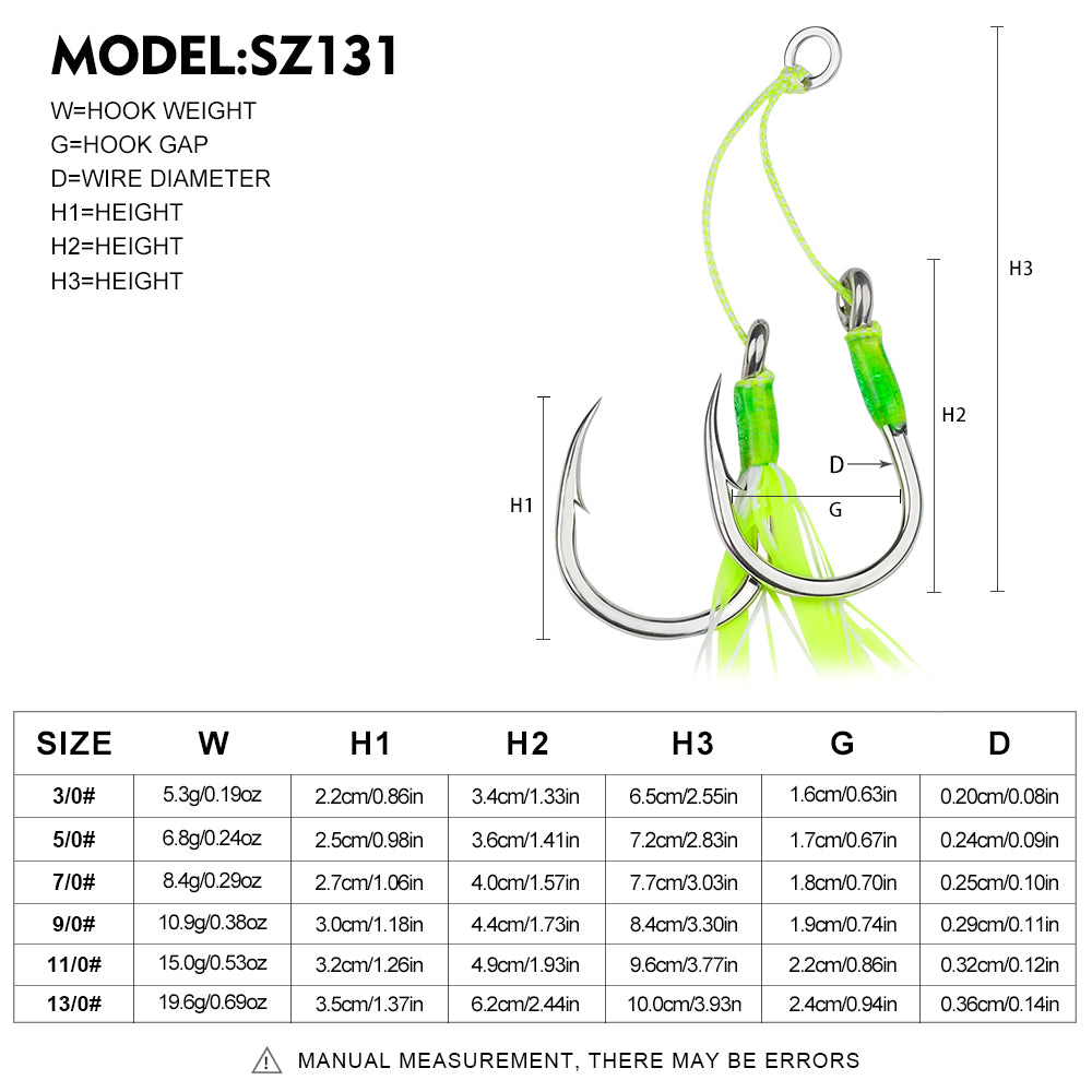 Detailed weight and size dimension chart for Proberos SZ131 high carbon steel tied assist hooks from size 3/0 to 13/0.