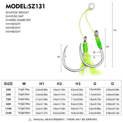 Detailed weight and size dimension chart for Proberos SZ131 high carbon steel tied assist hooks from size 3/0 to 13/0.