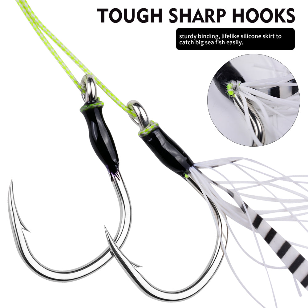 Proberos SZ132 high carbon steel jigging assist hooks with bright luminous flash skirts, 2 pieces per pack.
