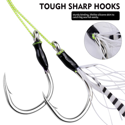 Proberos SZ132 high carbon steel jigging assist hooks with bright luminous flash skirts, 2 pieces per pack.