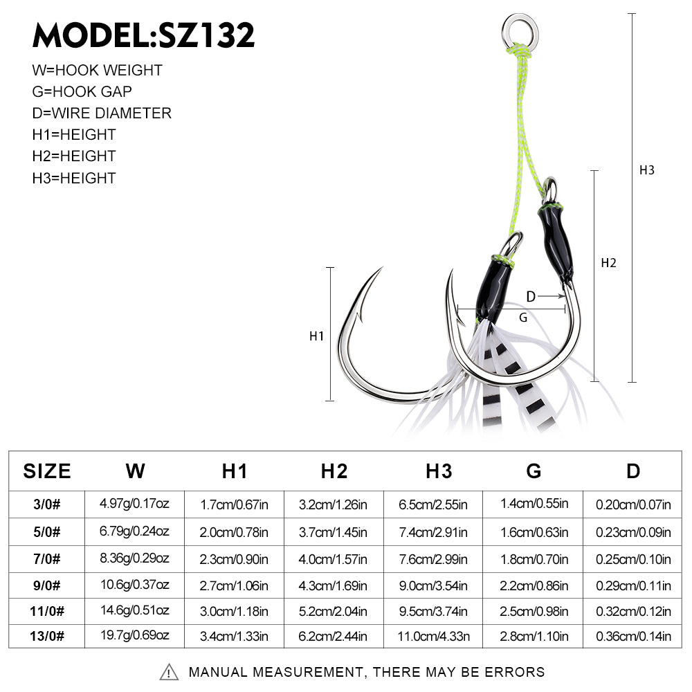 Detailed weight and size dimension chart for Proberos SZ132 high carbon steel tied assist hooks from size 3/0 to 13/0.