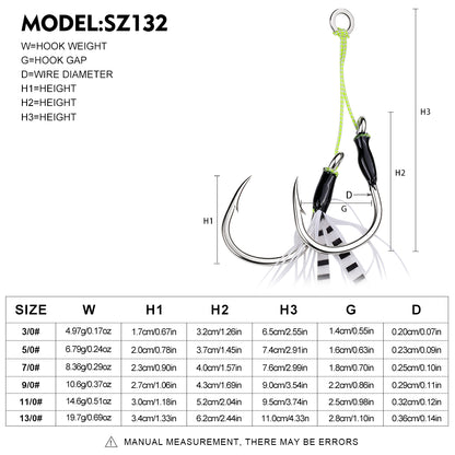 Detailed weight and size dimension chart for Proberos SZ132 high carbon steel tied assist hooks from size 3/0 to 13/0.