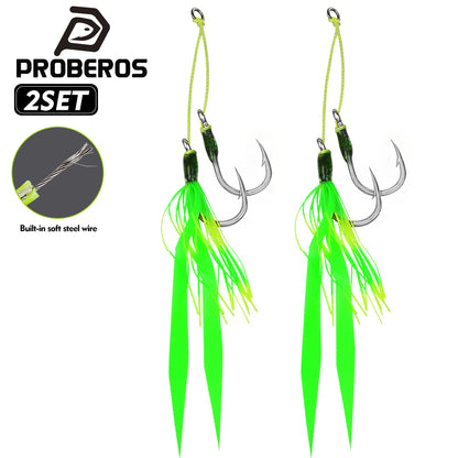 Proberos SZ133 high carbon steel jigging assist hooks with bright green flash skirts, 2 pieces per pack.