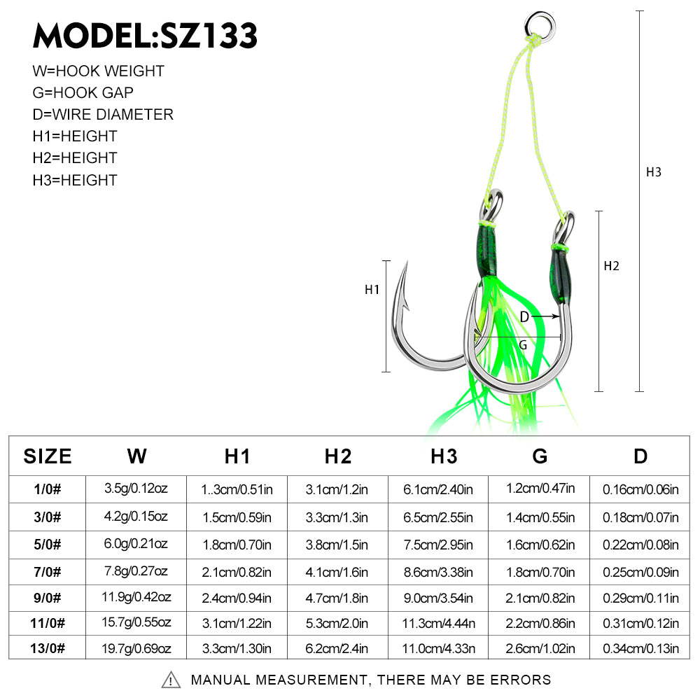 Detailed weight and size specification chart for Proberos SZ133 tied assist hooks from size 1/0 to 13/0.