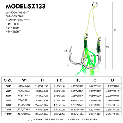 Detailed weight and size specification chart for Proberos SZ133 tied assist hooks from size 1/0 to 13/0.