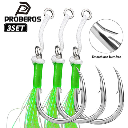 PROBEROS SZ134 pre-tied jigging assist hooks featuring vibrant green flash tinsel skirt for saltwater fishing.