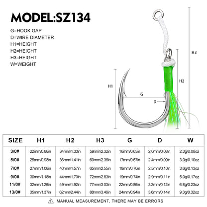 Heavy duty high carbon steel single tied jigging hooks showing barbed points and abrasion-resistant assist cord.