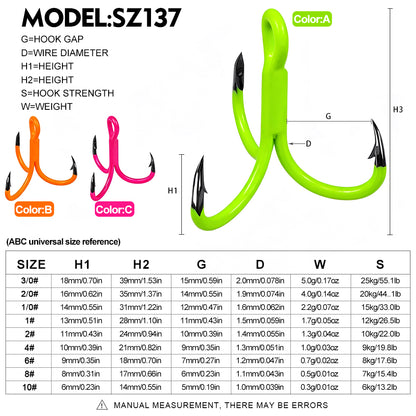 Sharp high carbon steel barbed treble hooks with colorful fluorescent coating data details