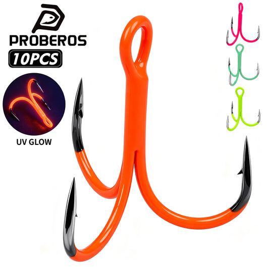Proberos SZ138 UV glow fluorescent treble fishing hooks 10pcs set with orange green pink colors and sharp barbed points