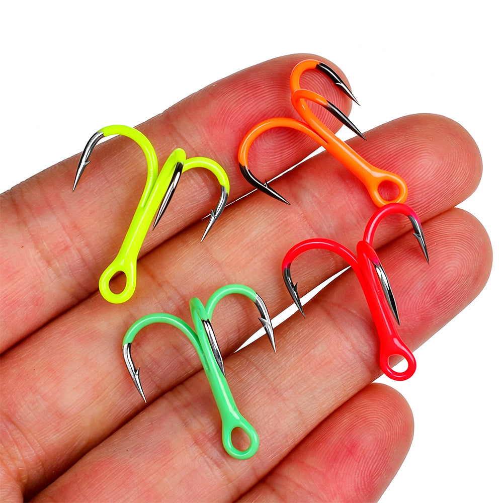 Proberos SZ138 UV glow fluorescent treble fishing hooks in orange pink light green and lime yellow colors