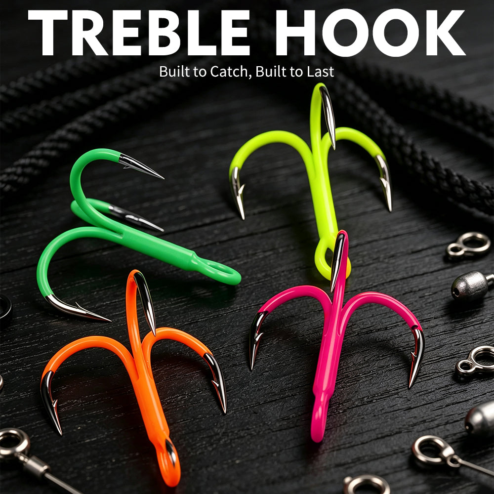 High-visibility UV glow reactive fluorescent light effect on Proberos SZ138 treble hooks