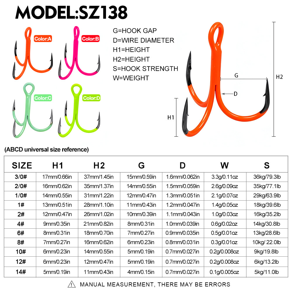 Proberos SZ138 UV glow treble hook size chart showing dimensions and weights from 14# to 3/0#