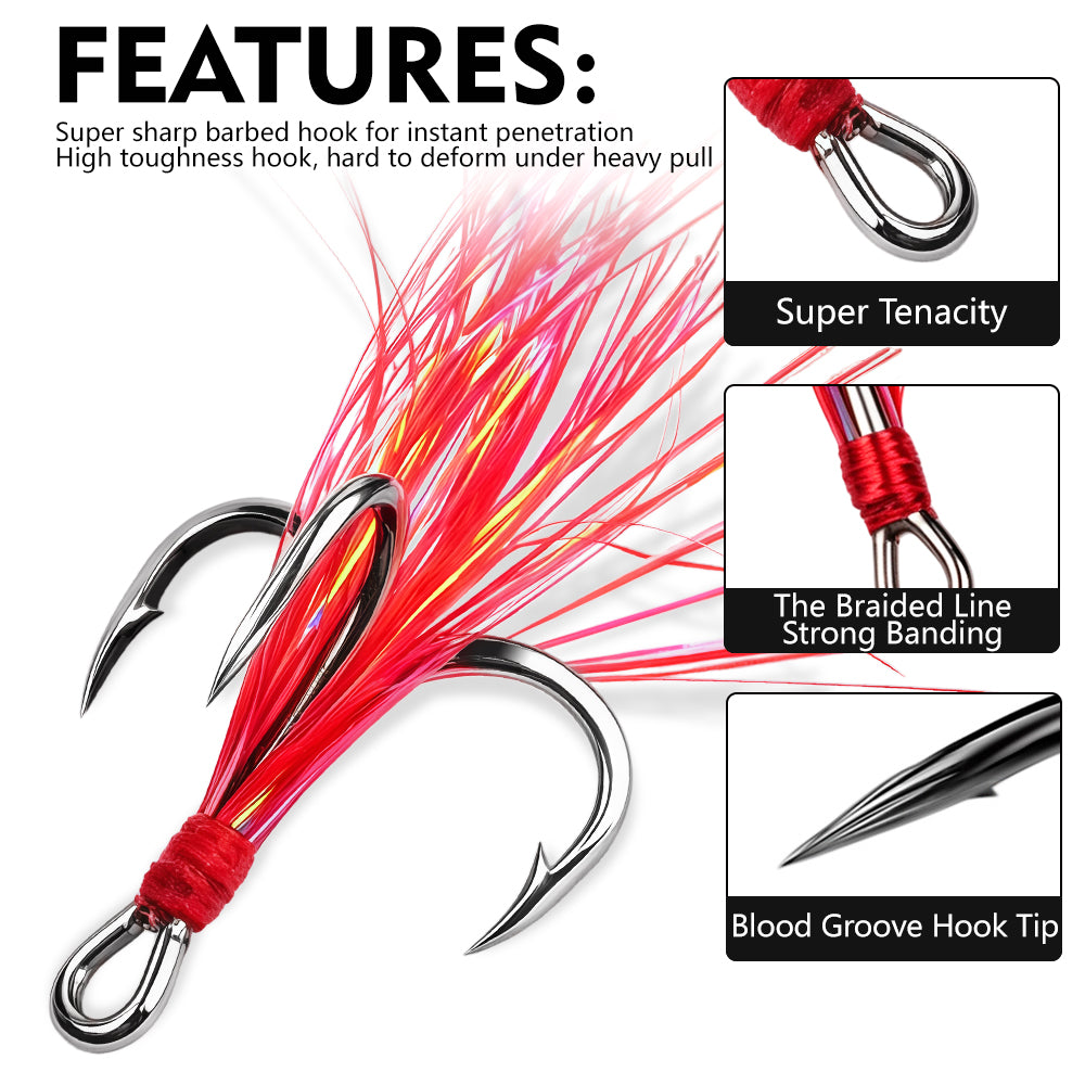 Core features of Proberos SZ139 red feather triple fishing hooks with high carbon steel shank