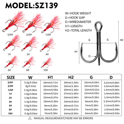 Proberos SZ139 feathered treble hook size chart showing dimensions 10# to 3/0#