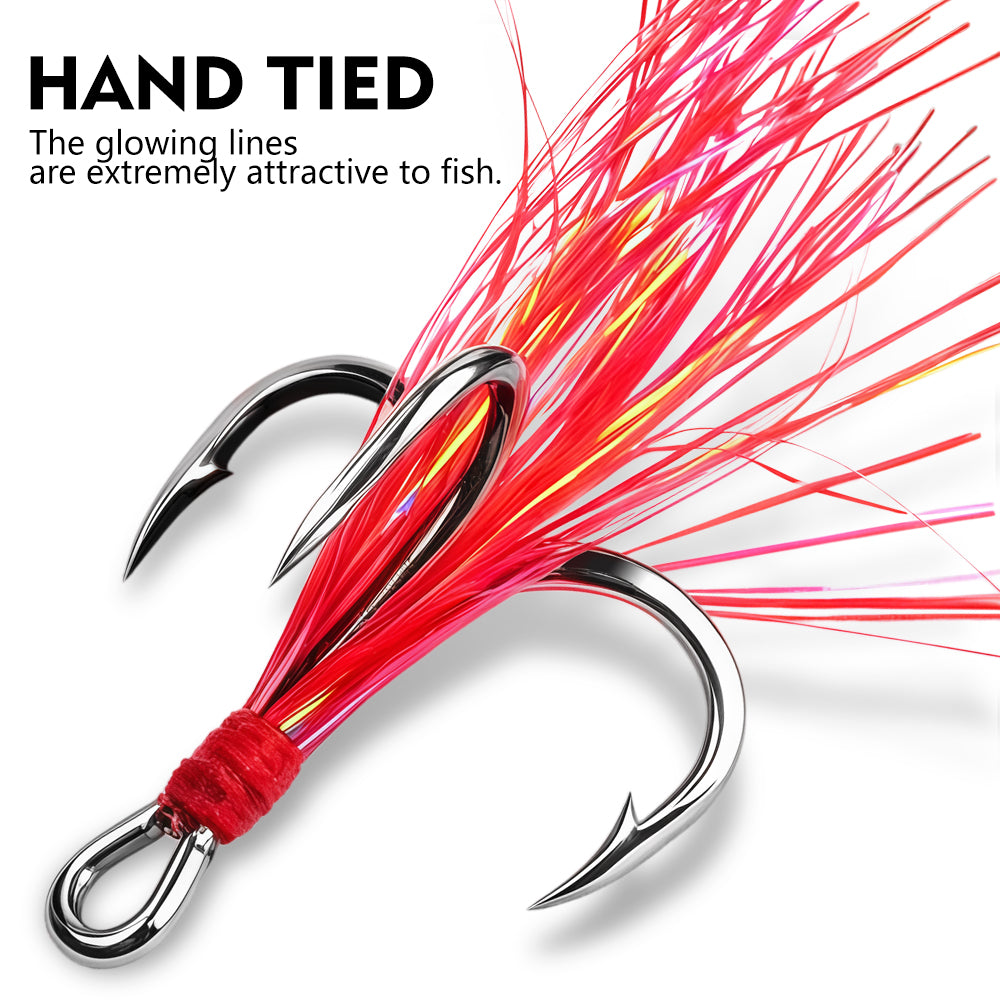 Hand-tied red flash feather and binding thread detail on Proberos SZ139 treble hook