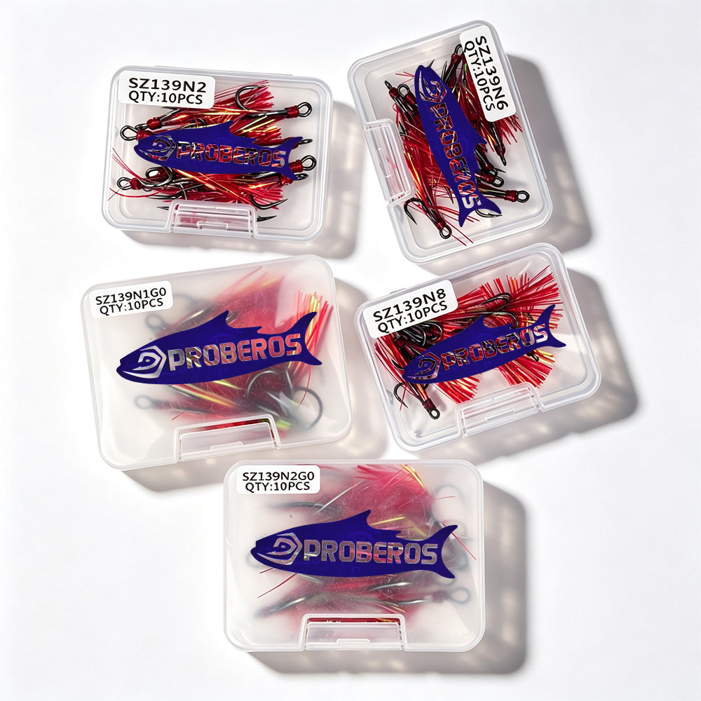 Proberos SZ139 red feather treble hooks 10pcs per clear plastic tackle box packaging