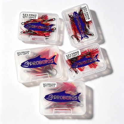 Proberos SZ139 red feather treble hooks 10pcs per clear plastic tackle box packaging