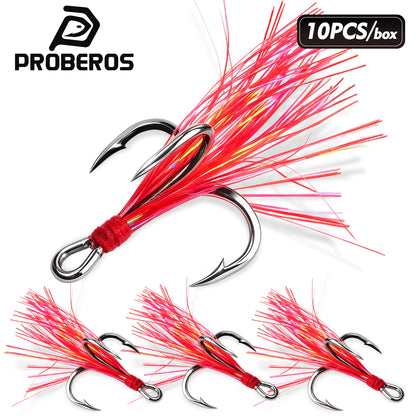 Proberos SZ139 red feather treble fishing hooks 10pcs box set high carbon steel