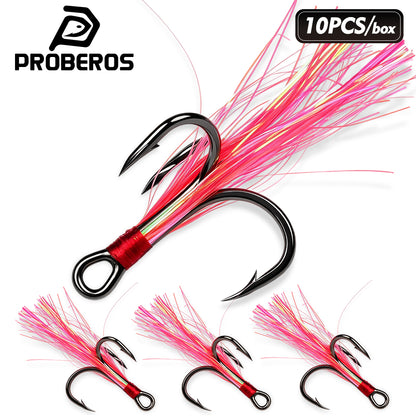 Proberos SZ140 feathered treble hooks high carbon steel black finish 10pcs box