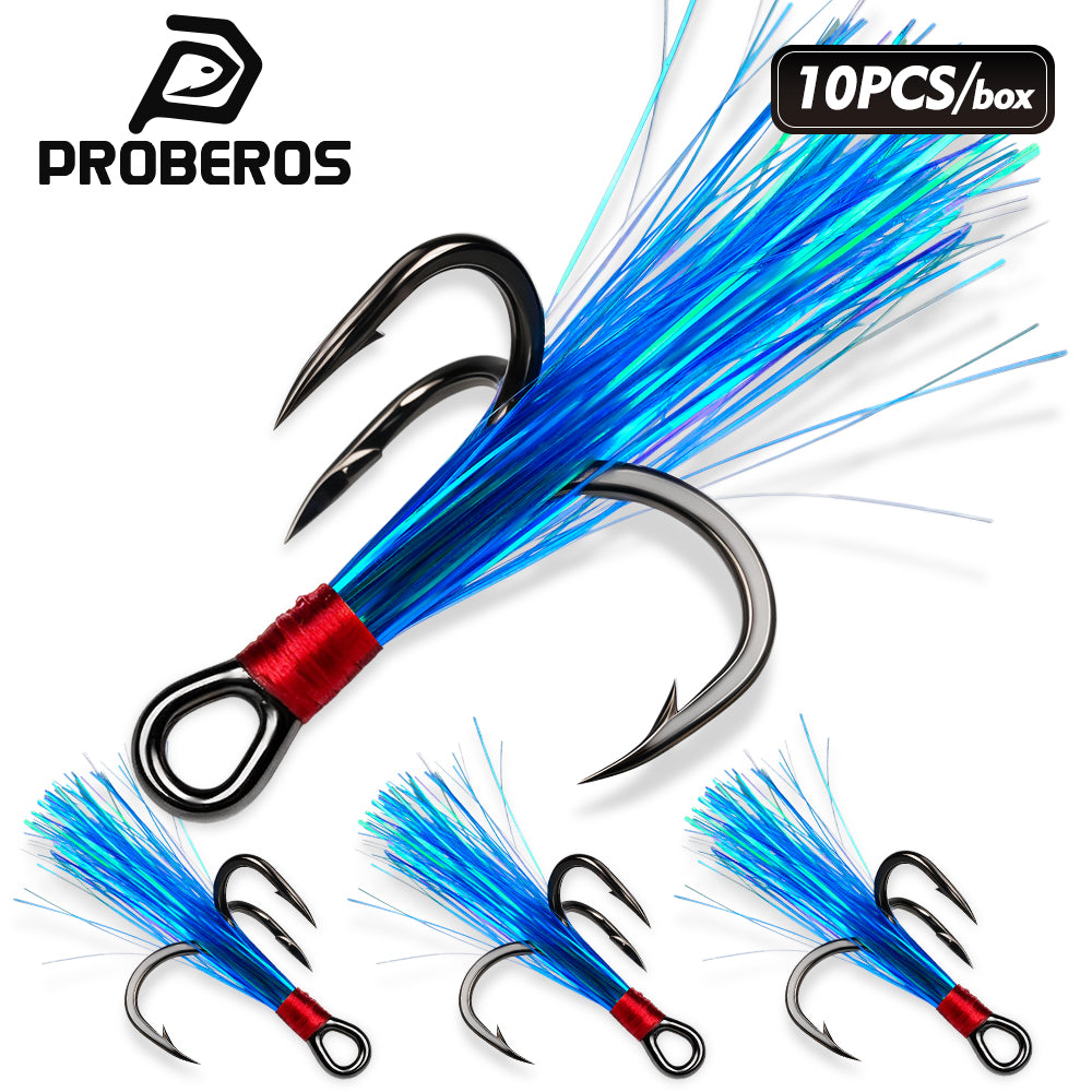 PROBEROS SZ141 Blue Flash Feather Treble Hook 10PCS Pack