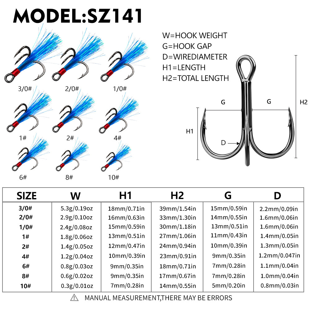 PROBEROS SZ141 Treble Hook Size Chart 10# to 3/0# Dimensions