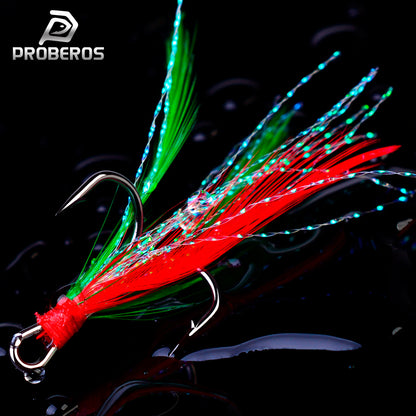 PROBEROS high-carbon steel treble hooks with feathers 20PCS box for bass and saltwater lures