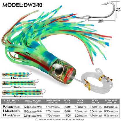 PROBEROS trolling lure set size guide showing 9 inch 11 inch and 14 inch length and weight