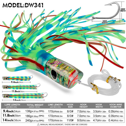 PROBEROS trolling lure set size guide showing 9 inch 11 inch and 14 inch length and weight