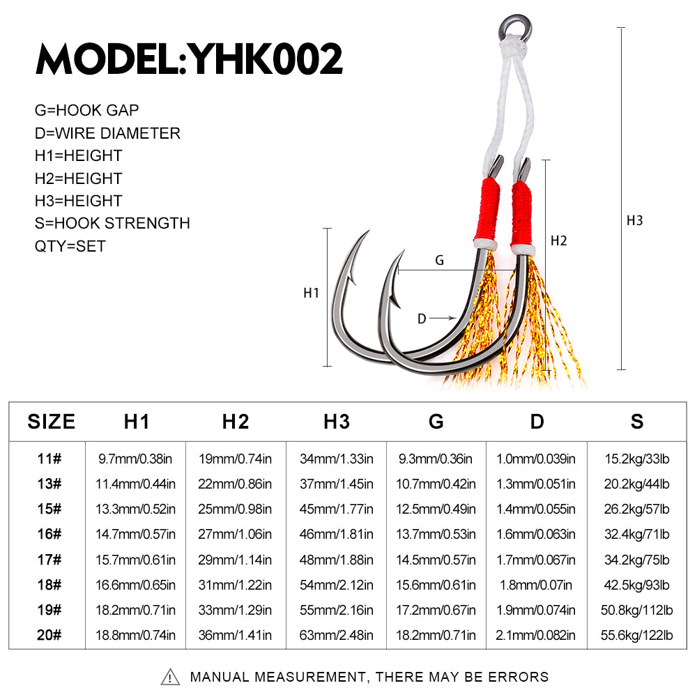 PROBEROS YHK002 Jigging Assist Hook Size and Weight Chart 11# To 20#