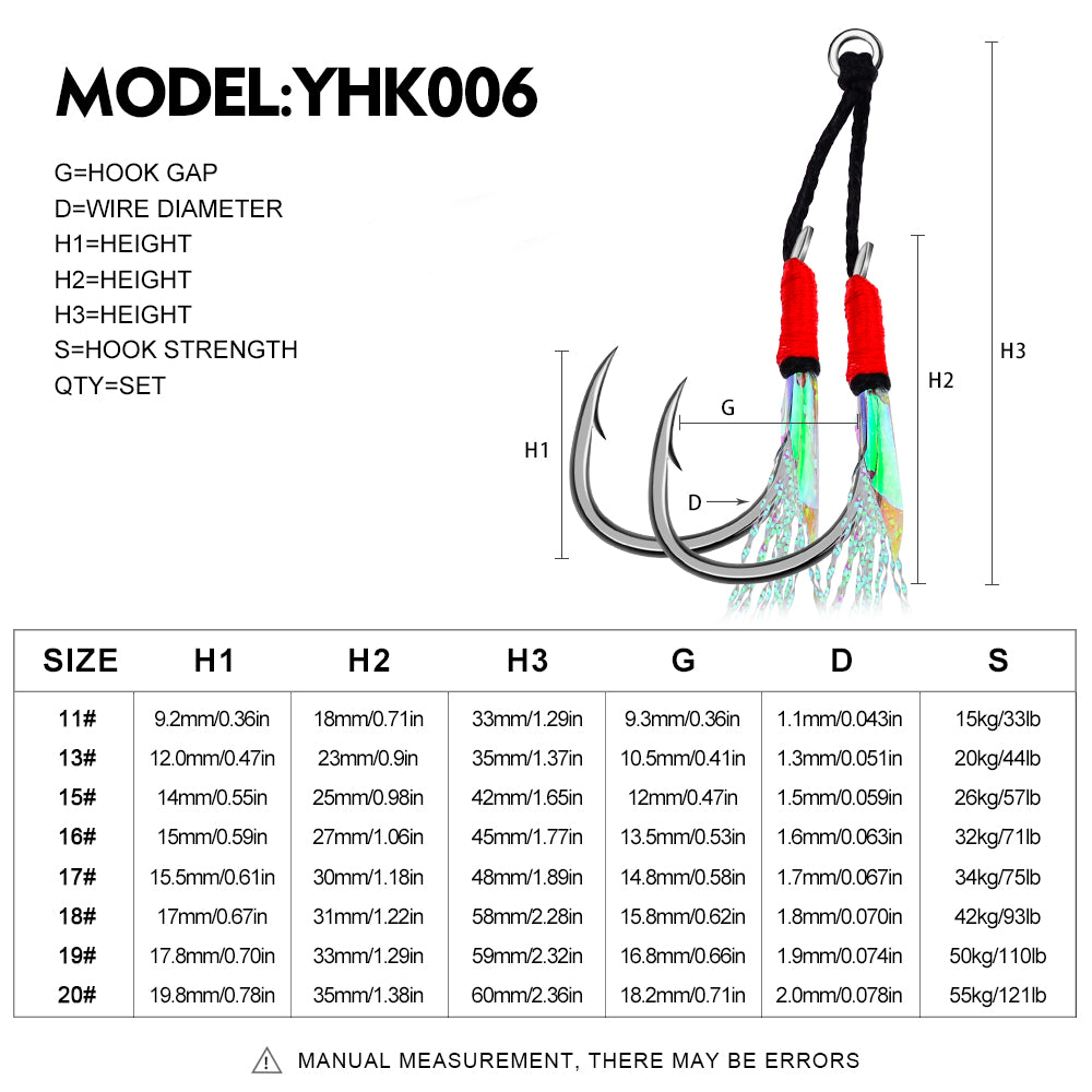 PROBEROS YHK006 Jigging Assist Hook Size and Weight Chart 11# To 20#