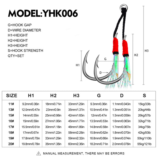 PROBEROS YHK006 Jigging Assist Hook Size and Weight Chart 11# To 20#