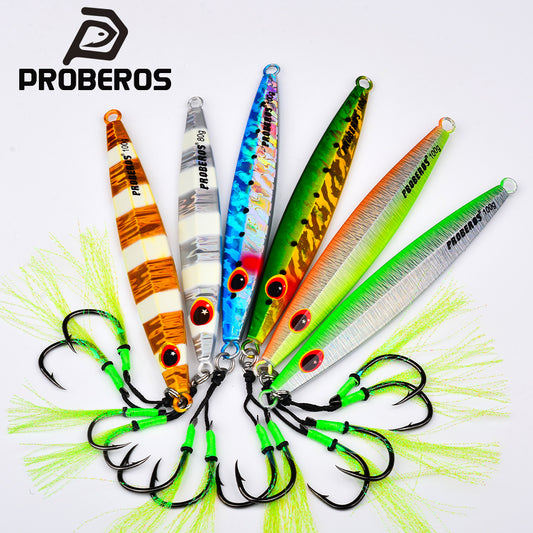 PROBEROS zebra stripe saltwater slow jigging lure with assist hooks for offshore vertical fishing