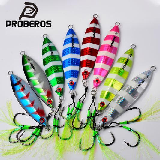 PROBEROS zebra stripe saltwater slow jigging lure with assist hooks for offshore vertical fishing