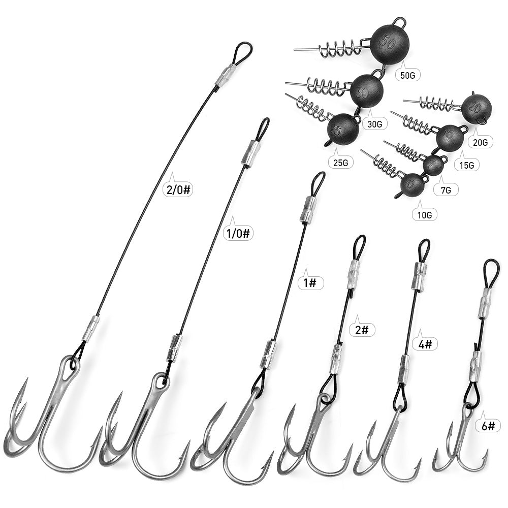 PROBEROS PJ041 all sizes pre‑tied treble stinger rig collection display with different weight spring lead sinkers