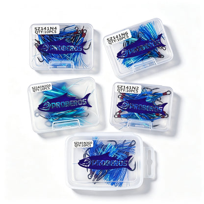 PROBEROS SZ141 Blue Flash Feather Treble Hooks 10PCS Per Box, Assorted Sizes Fishing Treble Hooks with Flashabou Feather