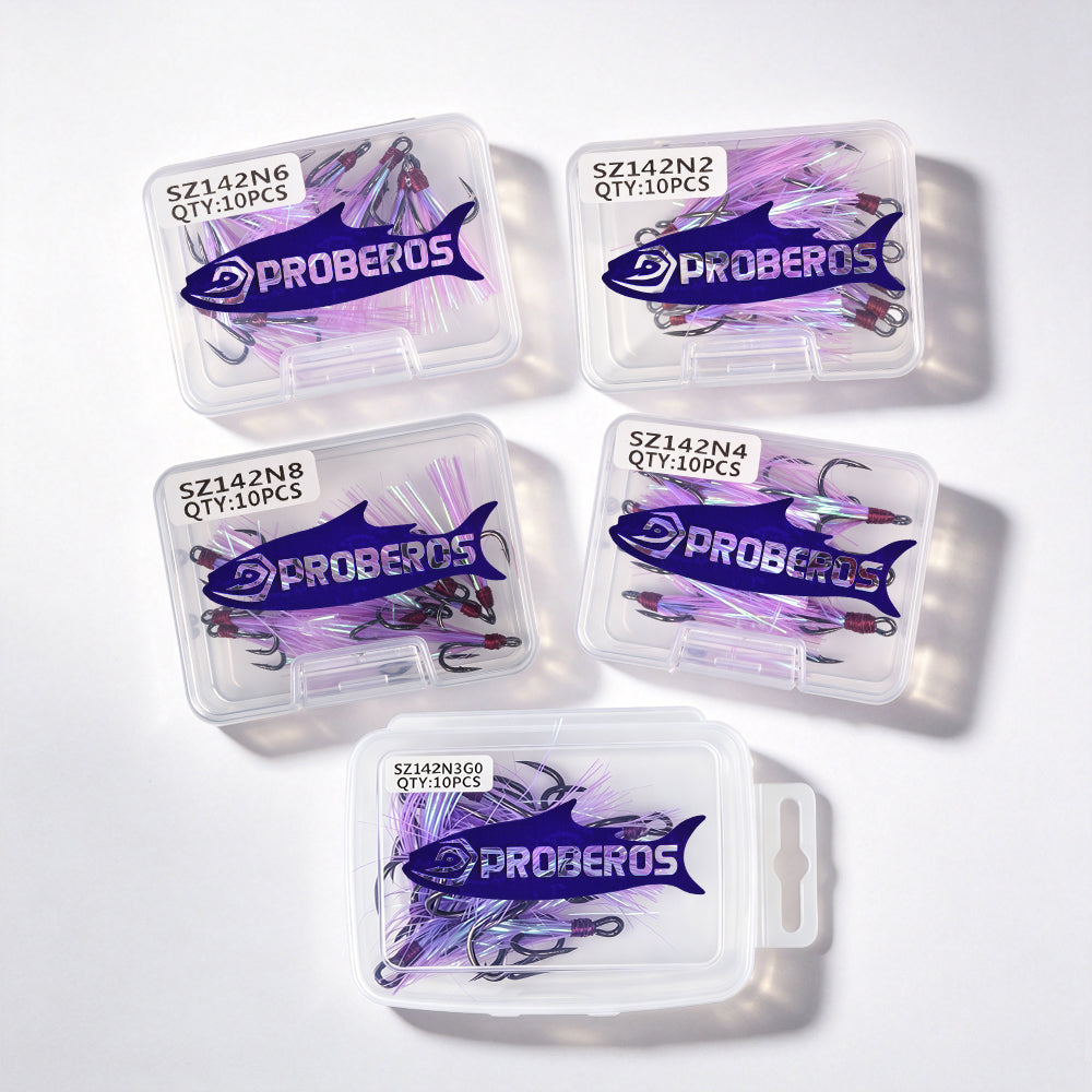 PROBEROS SZ142 Purple Flash Feather Dressed Treble Hooks 10PCS Per PP Box Assorted Sizes High Carbon Steel Hard Lure Replacement Fishing Hooks