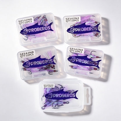 PROBEROS SZ142 Purple Flash Feather Dressed Treble Hooks 10PCS Per PP Box Assorted Sizes High Carbon Steel Hard Lure Replacement Fishing Hooks